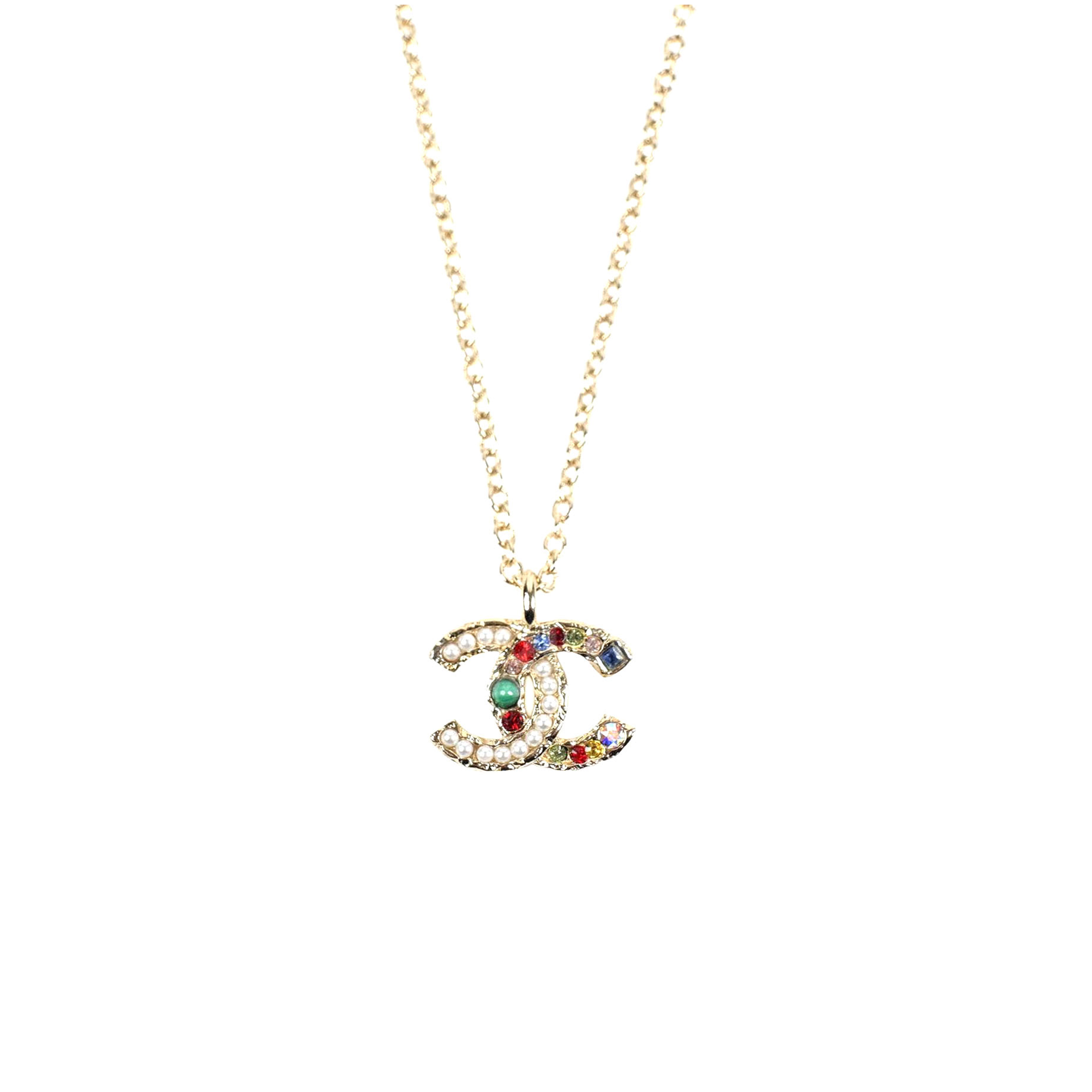 CHANEL GOLD CC LOGO COLORFUL RHINESTONE PEARL NECKLACE AB8540